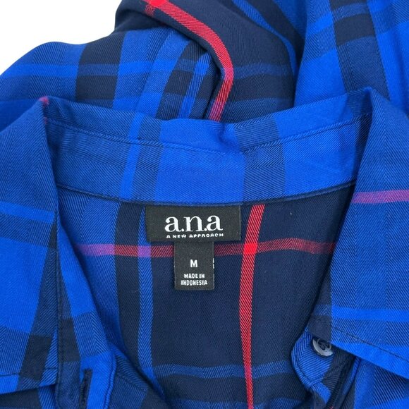 A.N.A Womens Button-Up Plaid Shirt Size M Blue & Red 100% Rayon - Picture 3 of 12